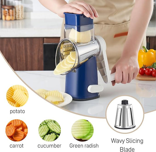 Rotary Cheese Grater with 4 Blades, Hand Crank Cheese Grater with Waffle Slicer, Black and White Cheese Slicer with Suction Base, Easier for Shredding& Grating (Blue, 4 Graters)