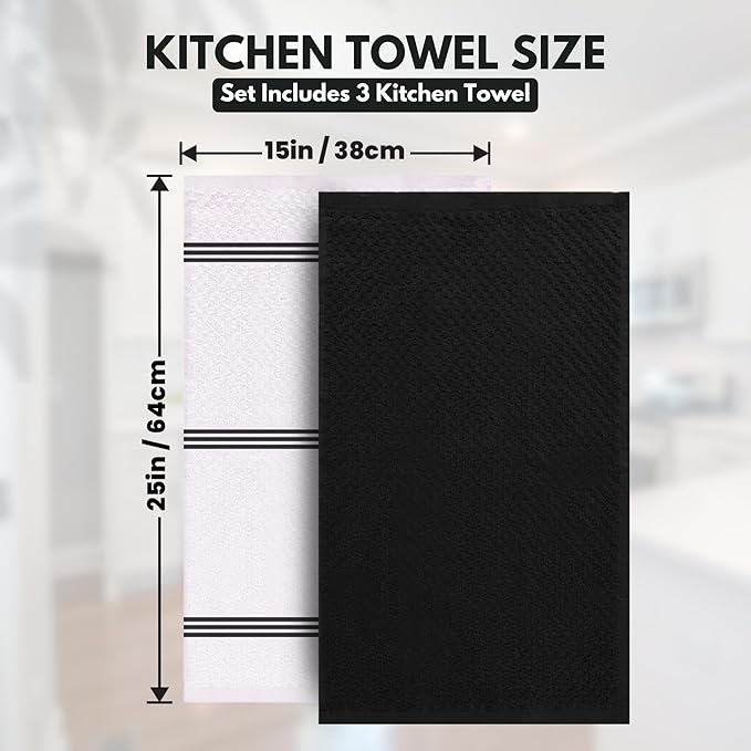 Infinitee Xclusives Premium Kitchen Towels – Pack of 3, 100% Cotton |15 x 25| Inches Absorbent Dish Towels - Terry Kitchen Dishcloth Towels - Black Dish Cloth for Household Cleaning