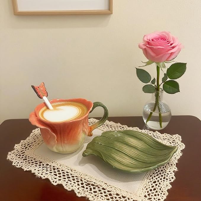 Ceramic Tea Cup and Saucer Set ,6OZ 3D Hand-Painted Flower Coffee Mug,Gift for Women -Orange Tulip