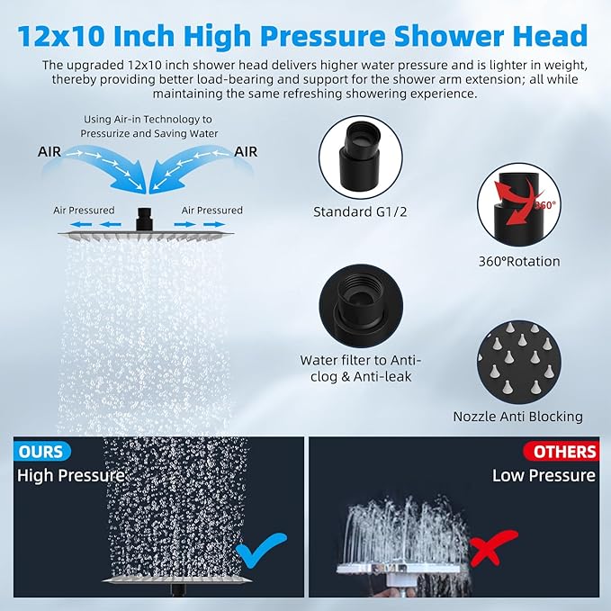 Hibbent All Metal 12'' Filtered Rainfall Shower Head Combo, High Pressure Handheld Shower Head with 16'' Adjustable Arc Extension Arm, 20 Stage Shower Filter, 10-spray, 71'' Shower Hose, Matte Black
