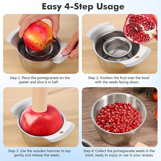 304 Stainless Steel Pomegranate Peeling Tool, Pomegranate Deseeder Tool, Pomegranates Peeler Deseeder, Includes Cutter Bowl and Wooden Hammer for Easy Deseeding, for Home Kitchen (2Sets)