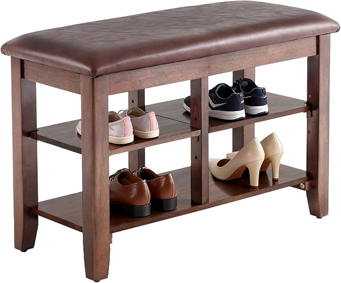 PY HOME & SPORTS Shoe Rack for Entryway 23.6": 2-Tier Shoe Storage Bench, Adjustable/Removable Shelves, Rubberwood Shoe Benches for Hallway, Porch, Bathroom, Brown
