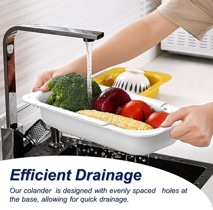 Extendable Sink Colander Strainer Basket - Wash Vegetables and Fruits, Drain Cooked Pasta and Dry Dishes - Adjustable Over the Sink Colander Collapsible Drainer Basket - White