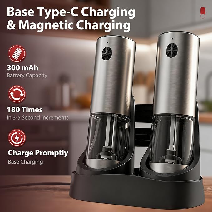 Electric Salt and Pepper Grinder Set with Rechargeable Base, 6 Adjustable Coarseness Levels, 95ml Large Capacity & Clear Container, Pepper Grinder Mill Electric with LED Light, 2Pack