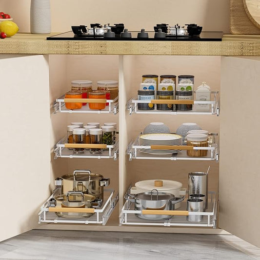 SANNO Pull Out Cabinet Organizer, Cabinet Shelf Kitchen Under Sink Shelf, Expandable Drawer Shelves with Sliding, Steel Metal Cabinet Drawers Slide Out, Chrome Finish