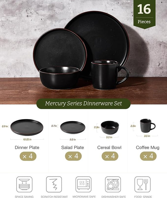 Famiware Mercury Dinnerware Sets with Mugs, Service for 4 (16 Pieces), Plates and Bowls Sets, Microwave and Dishwasher Safe Dishes Set, Black