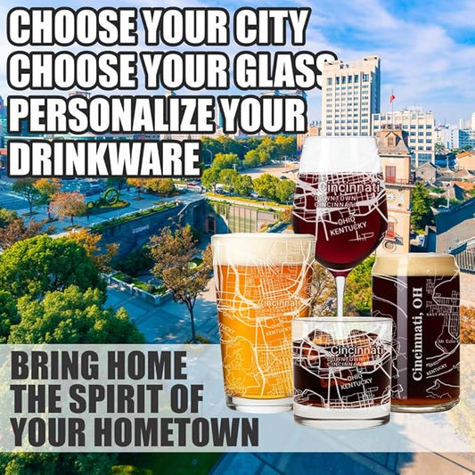 Blue Ridge Mountain Gifts - Cincinnati Souvenir - Ohio Glassware Gift, Etched City Map, Laser Engraved and Dishwasher Safe