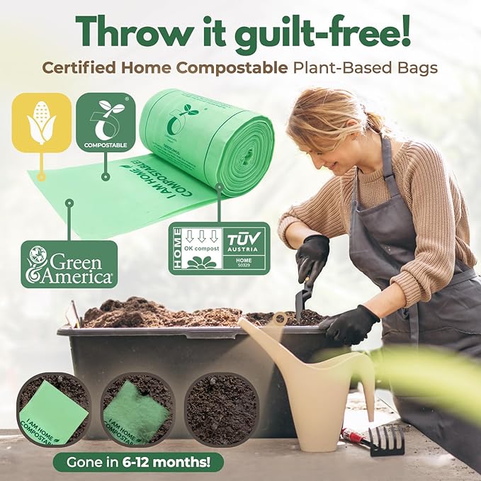 Compostable Kitchen Trash Bags 8 Gal - Cornstrarch Leakproof & Tear Resistant 50 Compost Bags - OK Compost Home & Seedling Certified 0.22 mm Kitchen Garbage Bags
