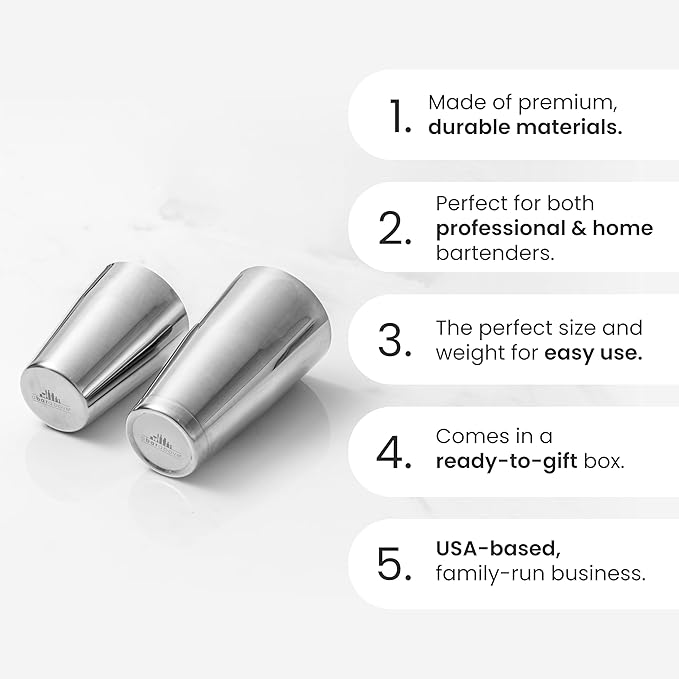 A Bar Above Professional Boston Shakers Set 18 oz Weighted and Unweighted Stainless Steel Cocktail Shaker Set for Bartenders, Premium 304 Steel Bar Shaker, Essential Bartending Tools for Mixing Drinks