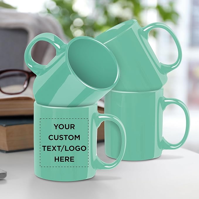 Custom Ceramic Coffee Mugs 11 oz. Set of 50, Personalized Bulk Pack - Coffee cup set, Iced coffee cup, Gaming mug - Teal