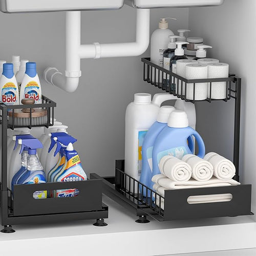 2 Pack Under Sink Organizer Storage 2-Tier Premium Metal Pull-Out Racks, Height Adjustable, Easy Installation | Kitchen & Bathroom Organizers