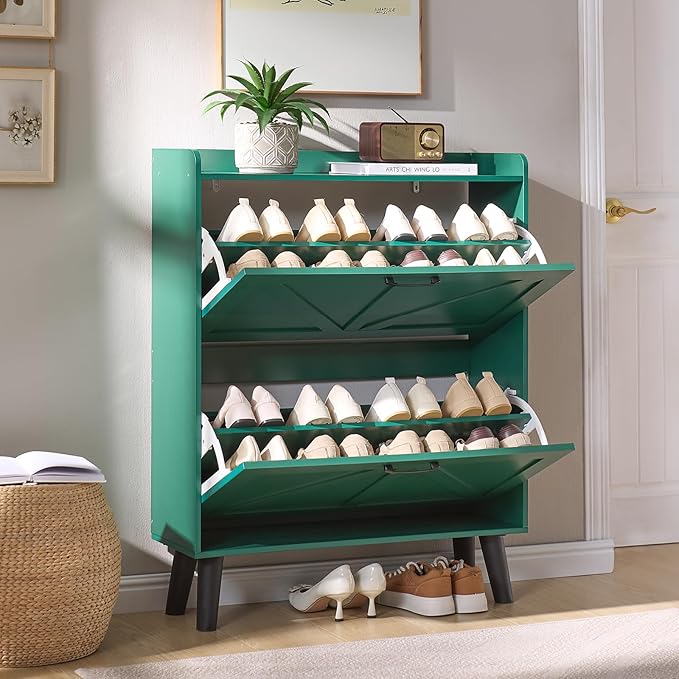 LEYAOYAO Shoe Storage Cabinet with 2 Flip Drawers,Narrow Shoe Storage Cabinet Organizer with Legs for Entryway Hallway, Living Room, Bedroom,Hidden Slim Storage Narrow Shoe Rack Cabinet,Green