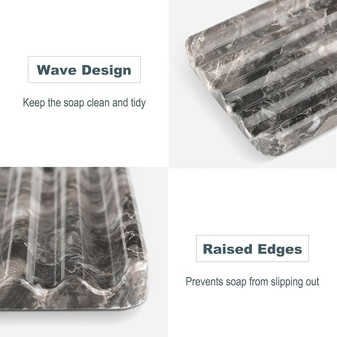 Marble Soap Dish, Bar Soap Holder Shower, Brown Soaps Saver with Water Ripple Design, Easy Cleaning Stone Sponge Holder for Kitchen Sink,Bathroom, Executive Natural Stone Soap Tray