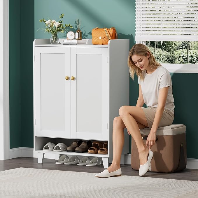 Flat-Shelf Shoe Cabinet with Doors,6-Tier Shoes Storage Cabinet with Adjustable Shelves,Wooden Shoe Rack Shoes Storage Organizer Cabinets for Entryway, Hallway, Living Room