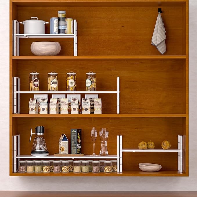 Redrubbit Expandable Cabinet Shelf Organizers, Stackable Kitchen Counter Shelves Spice Rack for Kitchen Bathroom Pantry Cupboard Desk Home Office, Metal Plate Heavy Duty Nonslip White, Set of 2