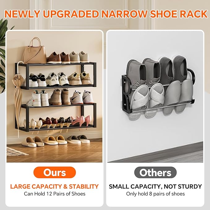 Homeiju Hanging Shoe Organizer,2 Pack Wall Mounted Shoe Rack Holds 12 Pairs,Space Saving Metal Wall Shoe Rack,Hanging Shoe Rack Shoe Holder for Small Space,Entryway,Closet,RV,Camper(Black