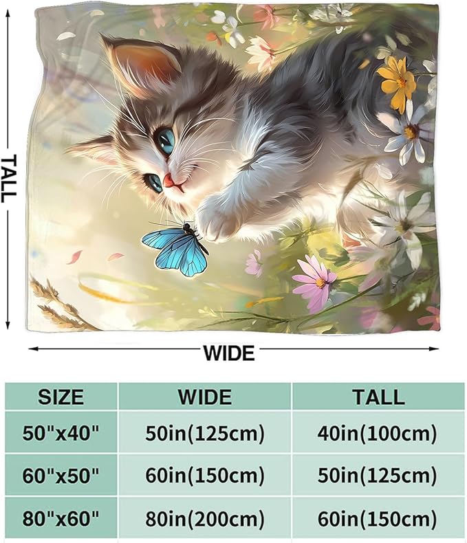 Cat Blanket Gifts for Girls Boys Blue Butterfly Throw Blankets Cozy Plush Cute Flower Fleece Lightweight Flannel Fuzzy 50"X40"