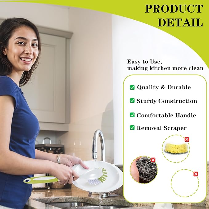 8 Pcs Dish Brush with Handle Kitchen Scrub Brush Pot and Pan Cleaning Brush Dish Scrubber with Stiff PET Bristles for Cookware Sink Washing Household, Green, 11 x 3.1 x 0.98 Inch