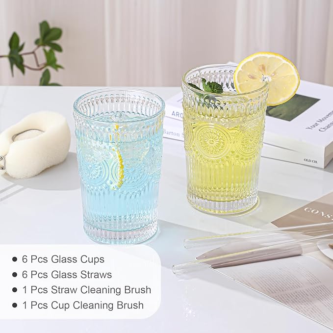 Vintage Glassware Drinking Glasses Set of 6,13 oz Clear Textured Flower Design Glass Water Tumblers,Embossed Striped Drinkware for Water,Cocktails,Juice,Iced Coffee