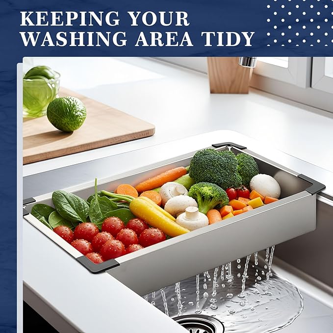 LemonRoad 8 x 17 Inch Stainless Steel Colander for Kitchen, Thickened over the Sink Colander Sink Strainer Basket, Kitchen Supply for Washing Drain Vegetable Fruits Dishes