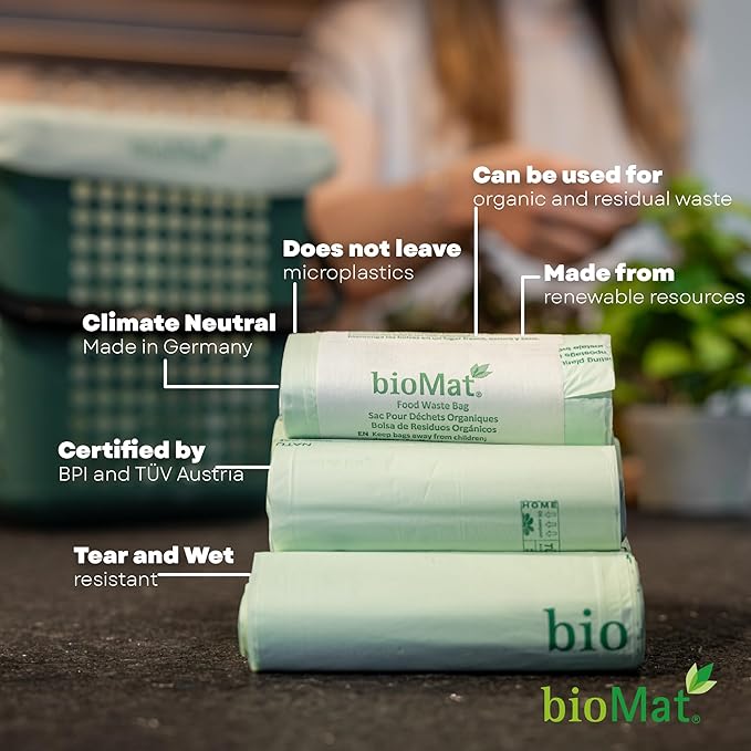 bioMat 1.2 Gallon Compostable Bags, 150 Count, Countertop Bin Liners, BPI ASTM D6400 and CMA Certified Small Trash Bags