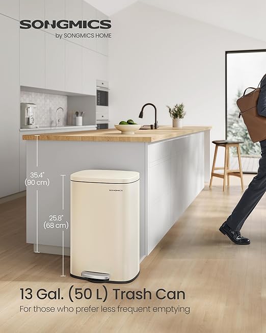SONGMICS 13 Gallon (50 L) Trash Can, Stainless Steel Kitchen Garbage Can, Recycling or Waste Bin, Soft Close, Step-On Pedal, Removable Inner Bucket, Sand Beige ULTB050A01