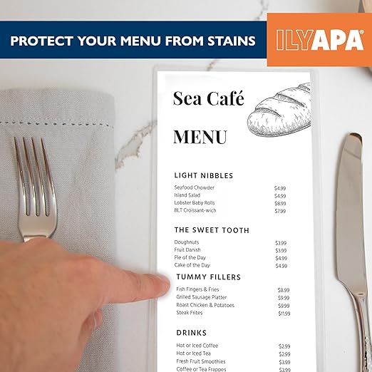 Ilyapa Restaurant Menu Covers 4.25 x 11 Inch - 30 Pack, Single Page, 2 View Clear Sleeves Holder for Restaurant, Durable PVC Hard Plastic Menu Holder
