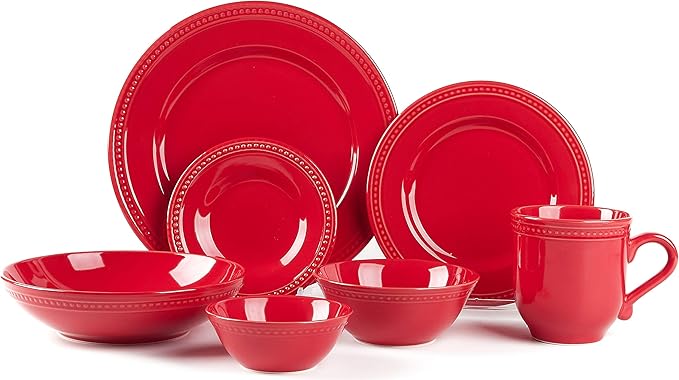 Pearl Dots Stoneware Dinnerware Set (42pc Set, Red)