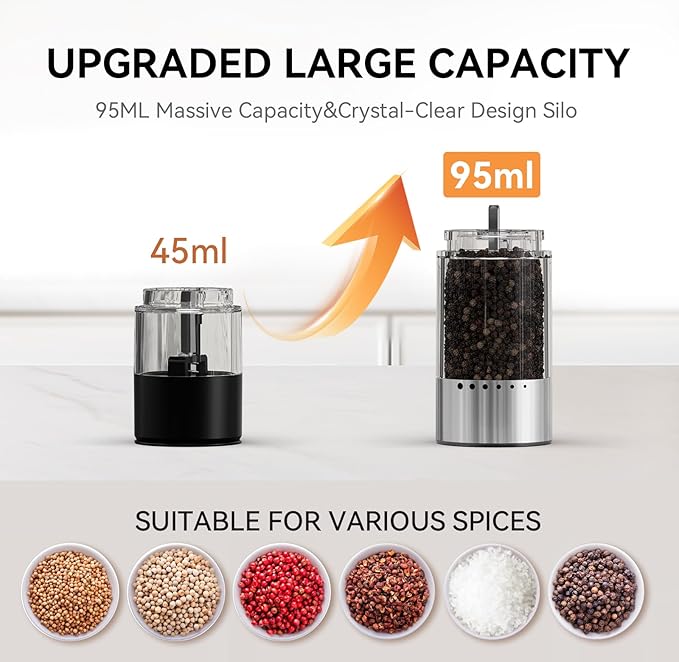 Electric Rechargeable Salt and Pepper Grinder Set,Automatic Pepper Mill Grinder with USB C Charging Dock,Upgraded 95ml Large Capacity,Adjustable Coarseness,LED Light,Stainless Steel