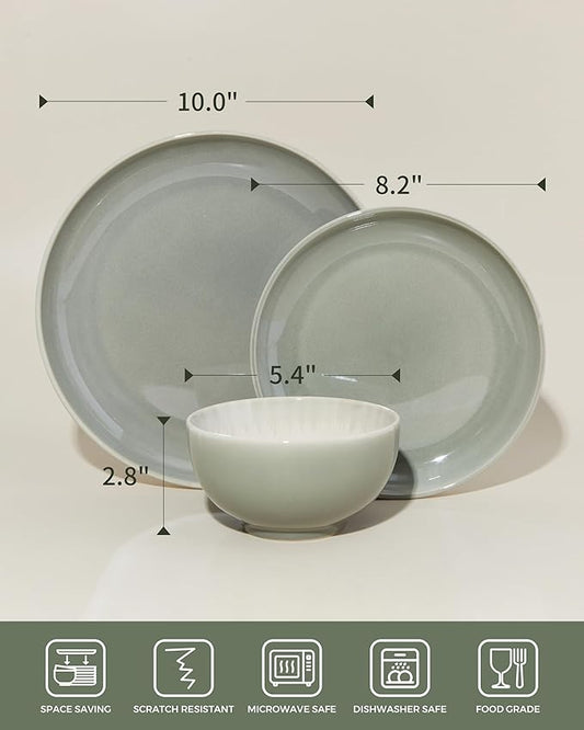 Plates and Bowls Sets for 8, 24 Piece Dinnerware Set for Large Families & Entertaining, Elegant Design, Dishwasher & Microwave Safe, Chip Resistant and Durable, Gray Green