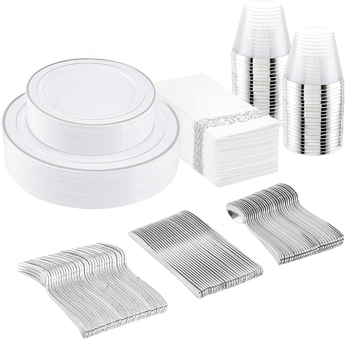 175Pcs Silver Plastic Dinnerware Set, Plastic Plates Disposable for 25 Guests Include:25 Dinner Plates, 25 Dessert Plates, 25 Paper Napkins, 25 Cups, 25 Silver Plastic Silverware Set