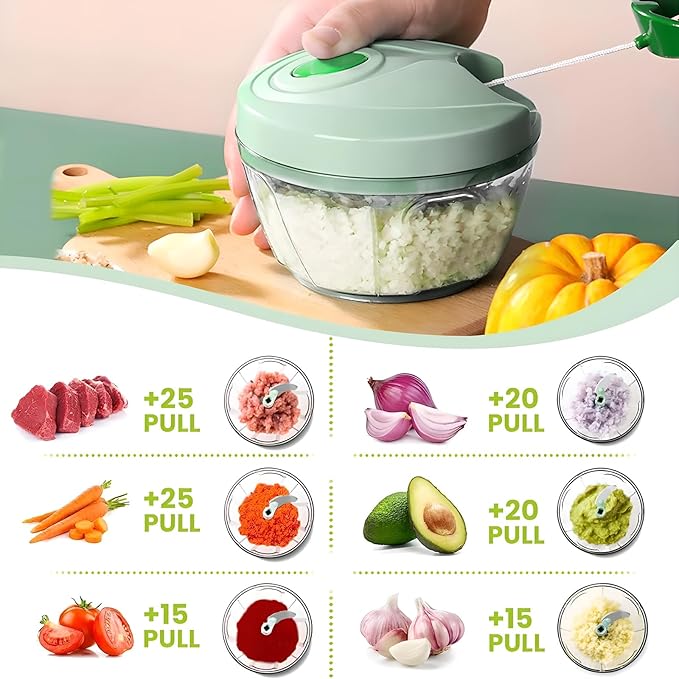 Vegetable Chopper Manual Food Chopper with Container, Hand Pull String Veggie Cutter for Salad Garlic Nut Onion