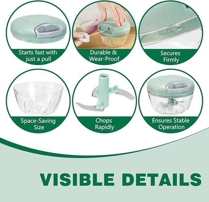 Manual Food Processor Vegetable Chopper, Portable Hand Pull String Garlic Mincer Onion Cutter for Veggies, Suitable for Vegetables, Ginger, Garlic, Fruits, Onion, Potato, Salad (Green 500 ml)