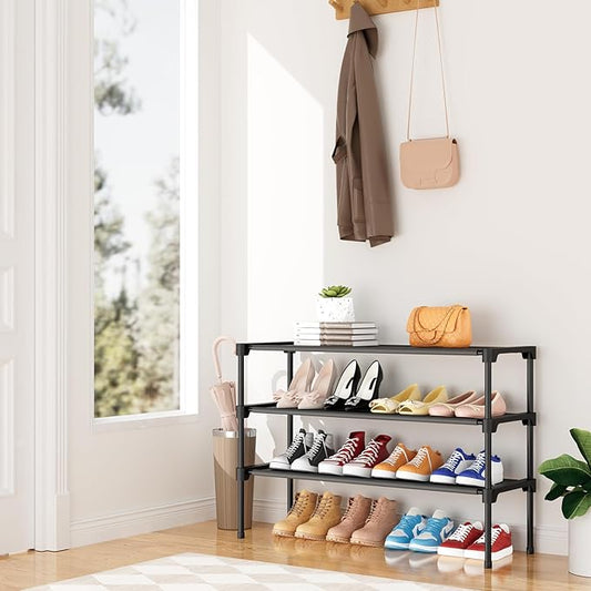34" Widening Design Shoe Rack for Closet 16 Pairs Small Spaces Non-Woven 3 Tier Shoe Organizer Stackable Metal Shoe Shelf for Entryway, Bedroom