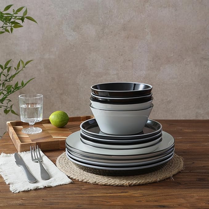 Famiware Saturn Dinnerware Sets, Plates and Bowls Sets for 4, 12 Pieces Stoneware Dish Set - Chip and Scratch Resistant, Microwave and Dishwasher Safe Tableware Set, Black and White with Rim