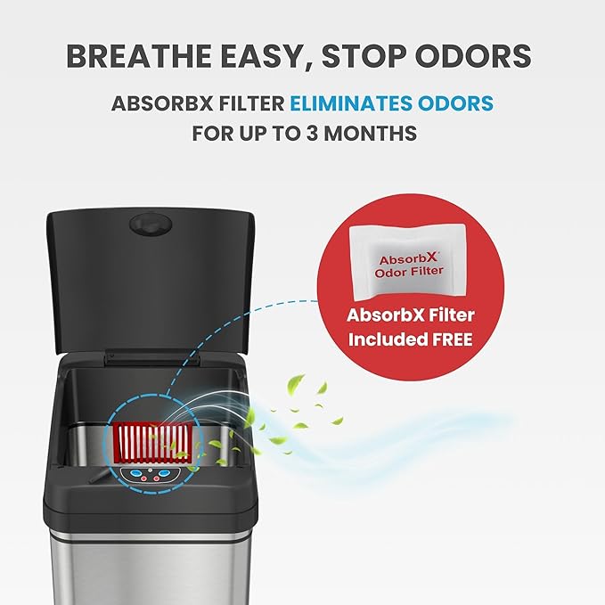 iTouchless 50 Liter / 13 Gallon Sensor Dog-Proof Kitchen Trash Can with Lid Lock and AbsorbX Odor Filter, Touchless Lid, Stainless Steel Garbage Recycling Bin for Kitchen, Home, Office, Business