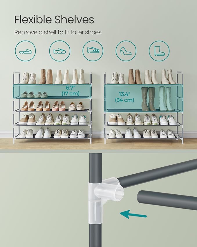 SONGMICS 5-Tier Shoe Rack, Shoe Storage for Hallway Closet, Slim and Space-Saving, Metal Frame, Non-Woven Fabric Shelves, Grey ULSH055G01V1
