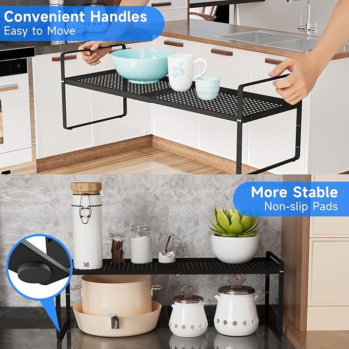 Expandable Kitchen Shelf Organizers, Kitchen Cabinet Organizer Stand Rack Organization for Countertop Cupborad Pantry, Black 3 Pack