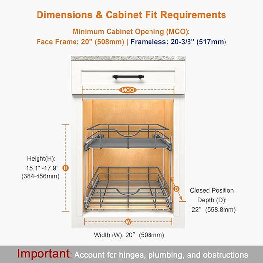 ALINE FURNITURE 2-Tier Pull Out Cabinet Organizer - 20" W x 22" D Soft Close Pullout Shelves with Shelf Liners - Slide Out Drawers for Kitchen Cabinets, Pantry, Bathroom, Heavy Duty Steel Wire Baskets