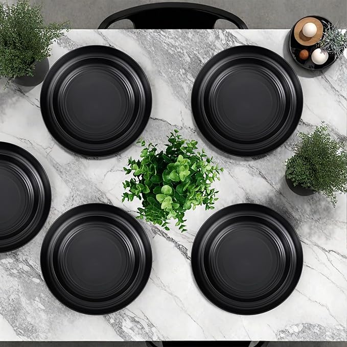 LIYH 24 Pcs Wheat Straw Dinnerware Sets Unbreakable Dinner Plates and Bowls Set Black Plastic Dinnerware Set Include 12Pcs Wheat Straw Plates 6Pcs Bowls 6Pcs Cups Dish Set for Kitchen&Camping