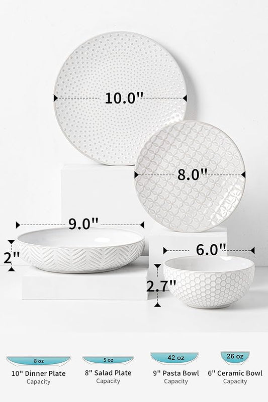 16-Piece Ceramic Plates and Bowls Set,Dual Bowl Dish Set with Dinner & Pasta Bowls,Elegant Embossed Dinnerware for Modern Homes,for Microwave & Dishwasher Safe