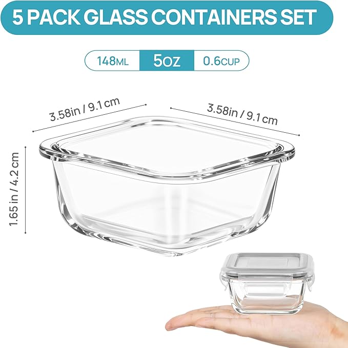 Vtopmart 5Pack 5oz Small Glass Storage Containers with Lids, Glass Meal Prep Food and Sauce Container Sets with Snap Airtight Lids for Microwave, Oven, Freezer and Dishwasher, Grey