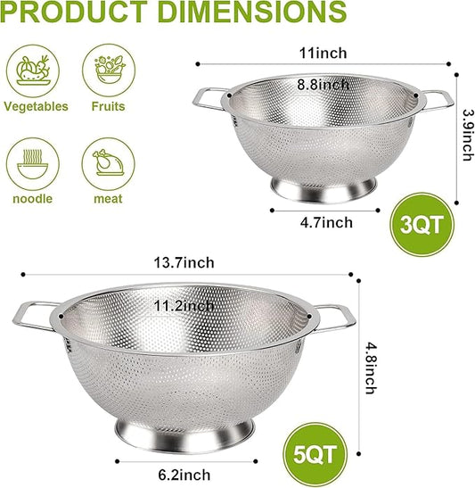 Stainless Steel Colander and Strainer Set(5-Quart and 3-Quart), Strainer for Kitchen Food, Dishwasher Safe