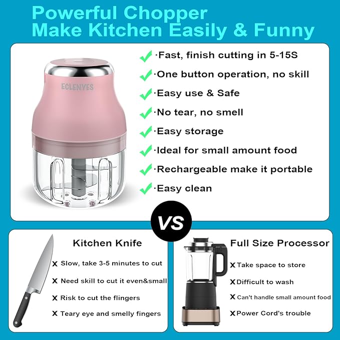 Vegetable Chopper, Electric Garlic Chopper, 250ML USB Rechargeable Mini Blender, Powerful Small Food Processor, Blender to Vegetable, Wireless Food Cutter for Ginger, Chili, Fruit, Meat, etc(Pink)
