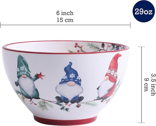 Bico Christmas Gnomes Cereal Bowls Set of 4, 29 oz Deep Ceramic Soup Bowls for Cereal, Salad, Noodles, Kitchen, Microwave and Dishwasher Safe, Gift for Housewarming and Christmas