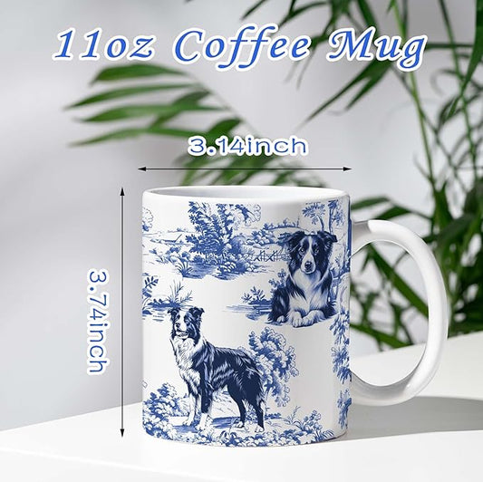 Border Collie Blue French Toile Mug, Border Collie Lover Gifts for Women, Blue Chinoiserie Toile Coffee Cup, Dog Lovers Tea Coffee Mug Birthday Gifts for Dog Owners, 11oz