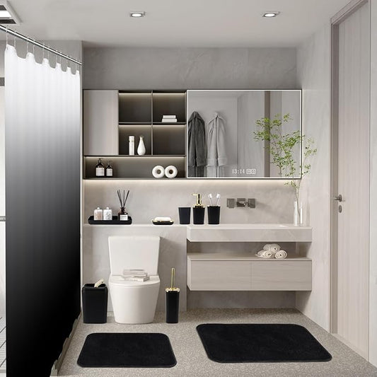 Bathroom Sets with Shower Curtain and Rugs,Black Bathroom Set with Bathroom Trash Can,Soap Dispenser,Toilet Brush,Toothbrush Set,Qtip Holders for Housewarming