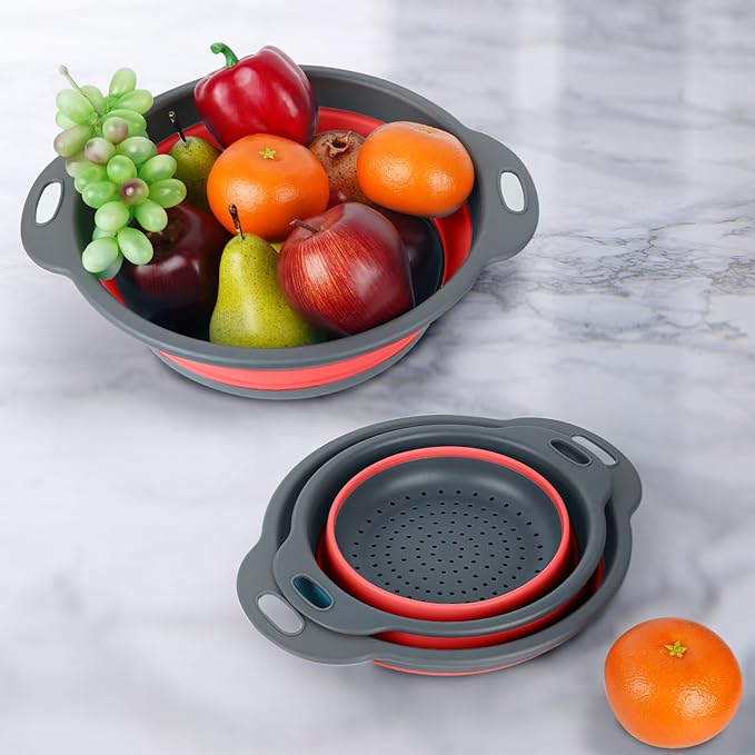 Collapsible Colander 3-Pack Set Space-Saving Foldable Kitchen Strainer with Non-Slip Base Durable Thickened PP+TPE Collapsible Strainers for Pasta, Vegetables, Fruits (Gray-Red)
