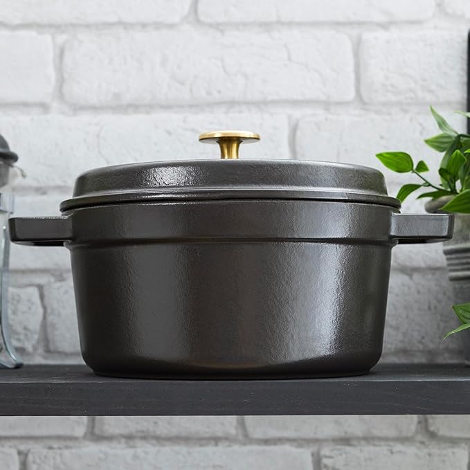 STAUB Cast Iron Dutch Oven 4-qt Round Cocotte, Made in France, Serves 3-4, Matte Black