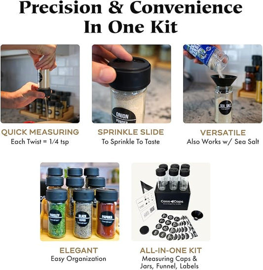 Spice Jars & Measuring Caps Set – Measure Straight from The Bottle! Faster Meal Prep, No Mess, No Clean Up. 6 Pack Holiday Special!
